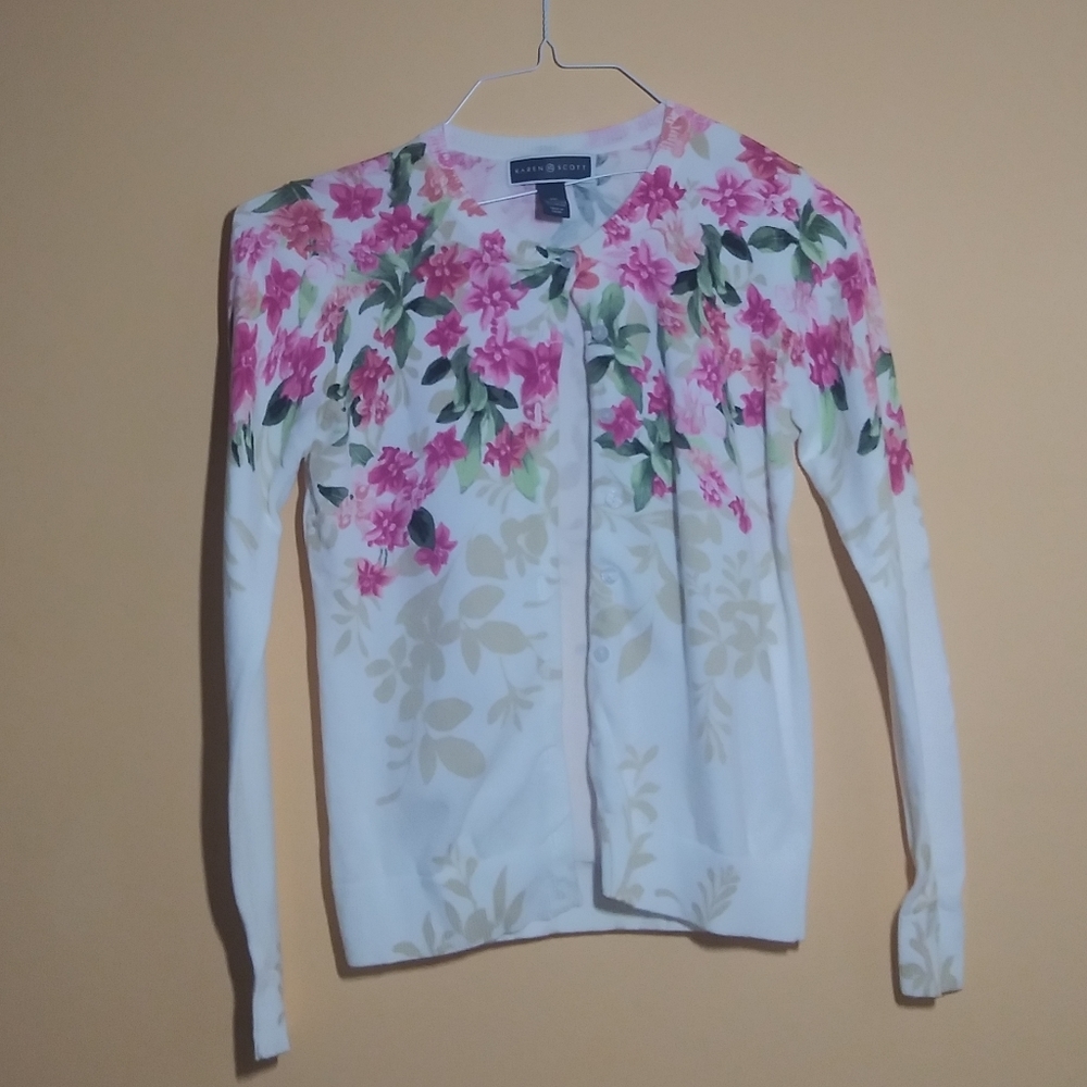 Karen Scott Pink,White, and Green Floral Cardigan